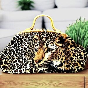 Leopard Print Women's Bag with Bamboo Handle